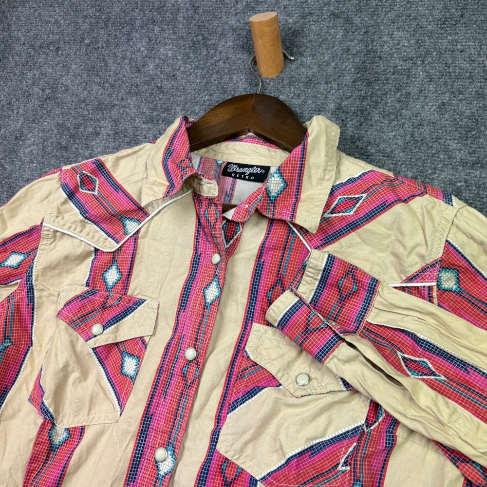 Wrangler Retro Western Shirt Womens Medium Tan Pink Aztec Pearl Snap LW7507M